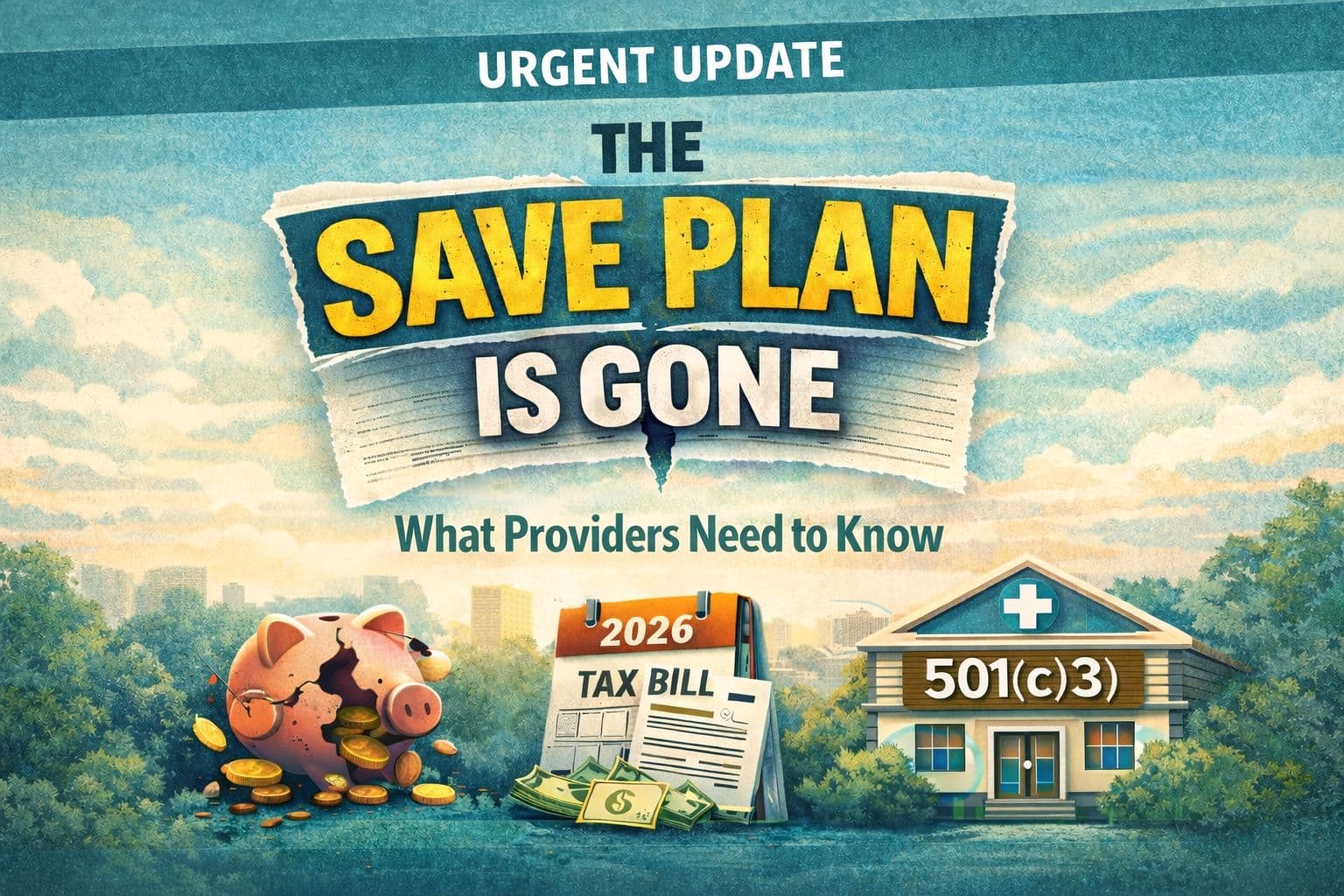 Graphic announcing the end of the SAVE student loan repayment plan with imagery representing higher payments, tax consequences, and nonprofit-based forgiveness options for healthcare providers.